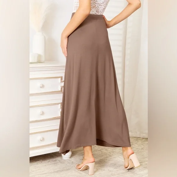 NEW Double Take PLUS + REG Size Flared Tie Waist Ultra Soft Maxi Skirt in Brown - Picture 4 of 4